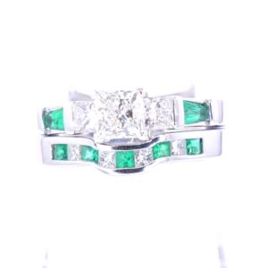 14K White Gold Princess Cut Diamond and Emerald Ring Set