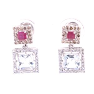 18K White Gold Ruby , Topaz, White & Champagne Diamond Earrings