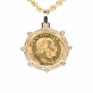 14K Yellow Gold 1915 Frech Coin and Diamond Necklace