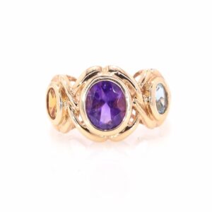 14K Yellow Gold Amethyst, Blue Topaz and Citrine Ring