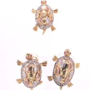 10K Yellow Gold Turtle Diamond and Ruby Pendant and Earring Set