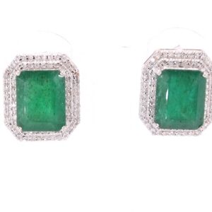 14K White Gold Emerald and Diamond Halo Earrings