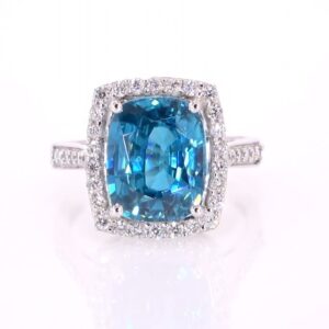 14K White Gold Blue Zircon and Diamond Ring