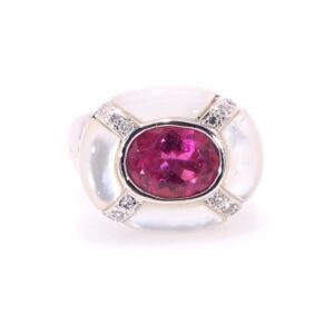 18K White Gold Pink Sapphire, Mother of Pearl and Diamond Ring