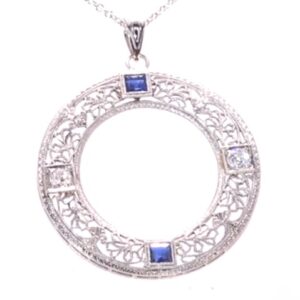 14K White Gold Art Deco Diamond and Sapphire Necklace