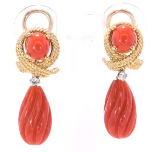 18K Yellow Gold Coral and Diamond Earrings