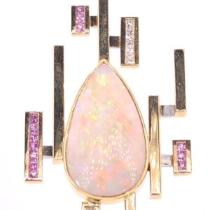18K Yellow Gold Australian Opal, Pink Sapphire and Diamond Necklace