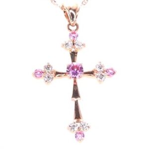 14K Rose Gold Pink Sapphire and Diamond Cross Necklace