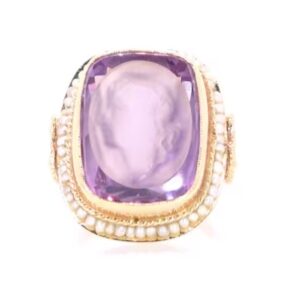 14K Yellow Gold Synthetic Alexandrite and Seed Pearl Ring