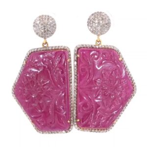 14K Yellow Gold Carved Ruby and Diamond Earrings
