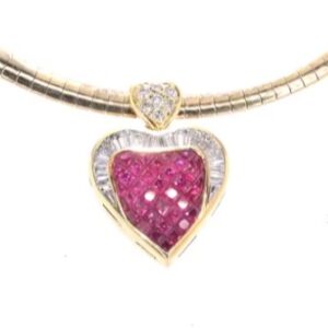 14 & 18K Yellow Gold Ruby and Diamond Heart Omega Necklace