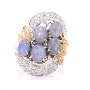 18K Yellow Gold Blue Star Saphire and Diamond Ring