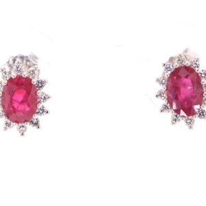 14K White Gold Oval Ruby and Diamond Halo Earrings