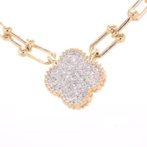 14K Yellow Gold Diamond Clover Necklace