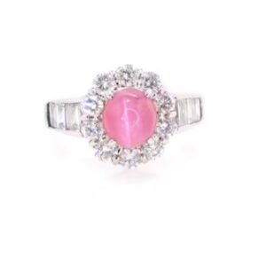 Platinum Cat Eye Pink Tourmaline and Diamond Ring
