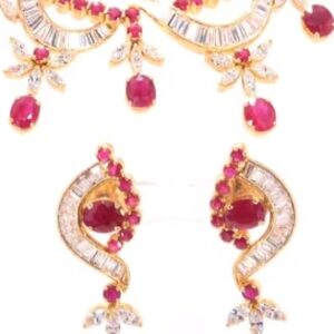 22K Yellow Gold Ruby and Diamond Necklace and Earring Set