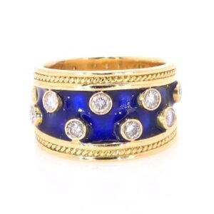 18K Yellow Gold Blue Enamel Diamond Ring