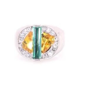 Platinum Green Tourmaline, Yellow Sapphire and Diamond Ring