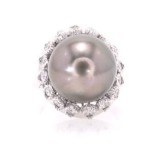 18K White Gold Black Pearl and Diamond Ring