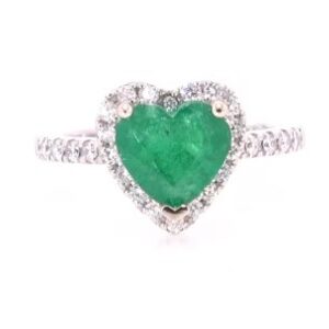 14K White Gold Emerald and Diamond Heart Ring