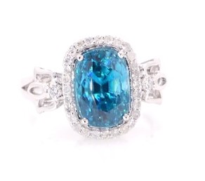 14K White Gold Blue Zircon and Diamond Ring